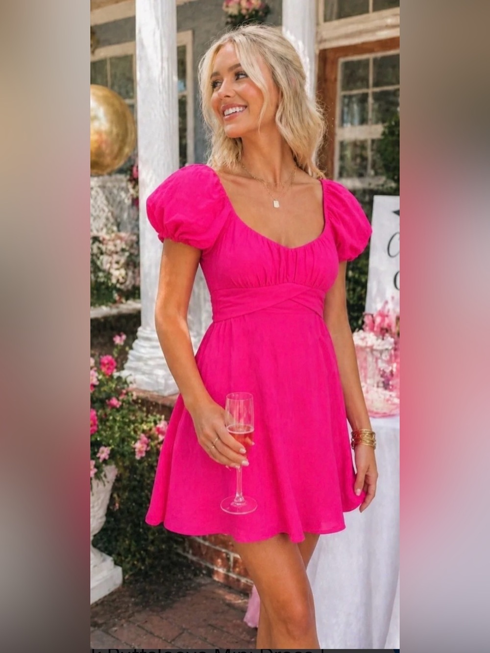Altar'd State Hot Pink Puff-Sleeve Mini Dress Tie Back Medium
